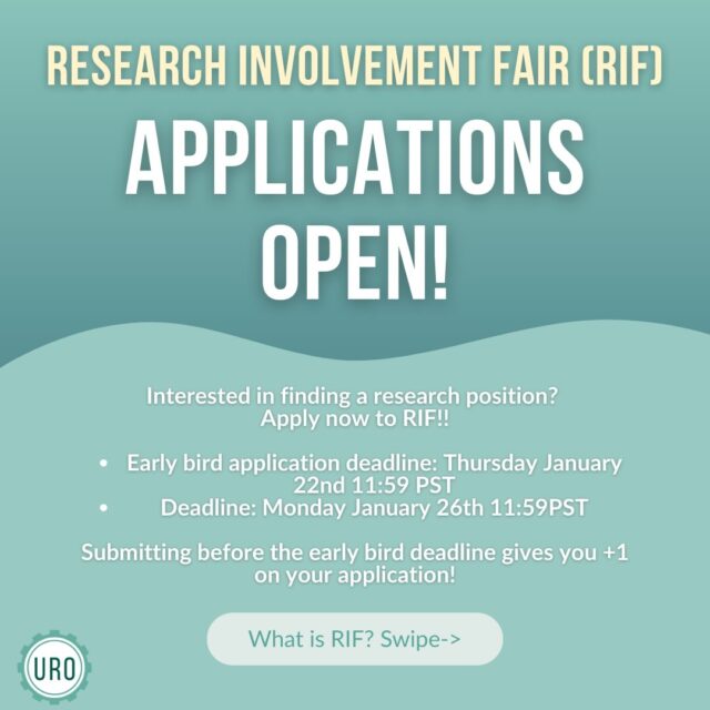 Are you looking for a research position this coming term/summer⁉️We got the perfect event for you to meet and interview with research labs.URO’s Research Involvement Fair (RIF) connects research faculty with undergraduate students through a “speed interview” event. Undergrads get a unique opportunity to practice their interview skills, explore diverse research fields, and connect one-on-one with Principal Investigators or research team members. Successful applicants will have the chance to interview directly with labs that are looking to welcome new students into their teams.However, any research opportunities or positions beyond this event are at the discretion of both the interviewer and the student.Due to high demand, RIF is a competitive program and entry into this program is NOT guaranteed.Students of all academic backgrounds and research experience are encouraged to apply! However, this is a MEMBER-ONLY event, so please ensure you have purchased a membership before applying. You can purchase one through our linktree or website.Event Details:
Applying prior to the early bird deadline will grant your application a bonus point𝗘𝘃𝗲𝗻𝘁 𝗗𝗮𝘁𝗲: Thursday, February 12, 2026 on Zoom from 5:30 - 8:30 PST
𝗘𝗮𝗿𝗹𝘆 𝗕𝗶𝗿𝗱 𝗗𝗲𝗮𝗱𝗹𝗶𝗻𝗲: Thursday, January 22nd, 2026 at 11:59 PM PST
𝗙𝗶𝗻𝗮𝗹 𝗗𝗲𝗮𝗱𝗹𝗶𝗻𝗲: Monday, January 26, 2026 at 11:59 PM PST
𝗔𝗽𝗽𝗹𝗶𝗰𝗮𝘁𝗶𝗼𝗻 𝗙𝗼𝗿𝗺: https://ubc.ca1.qualtrics.com/jfe/form/SV_0rfRXjw3uWfkttc (also available via the link in our bio & website)Please check our linktree or our website to see the application adjudication rubric and a list of participating labs.