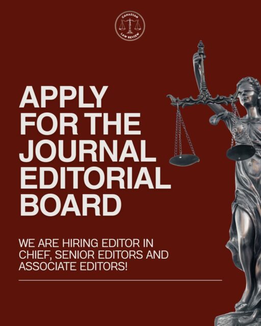 Apply now for the @canadianlawreview editorial board and junior research fellowship program! 📜
Applications are due on February 14th at 11:59PM‼️‼️
Send your application now to editorial@canadianlawreview.ca 📣