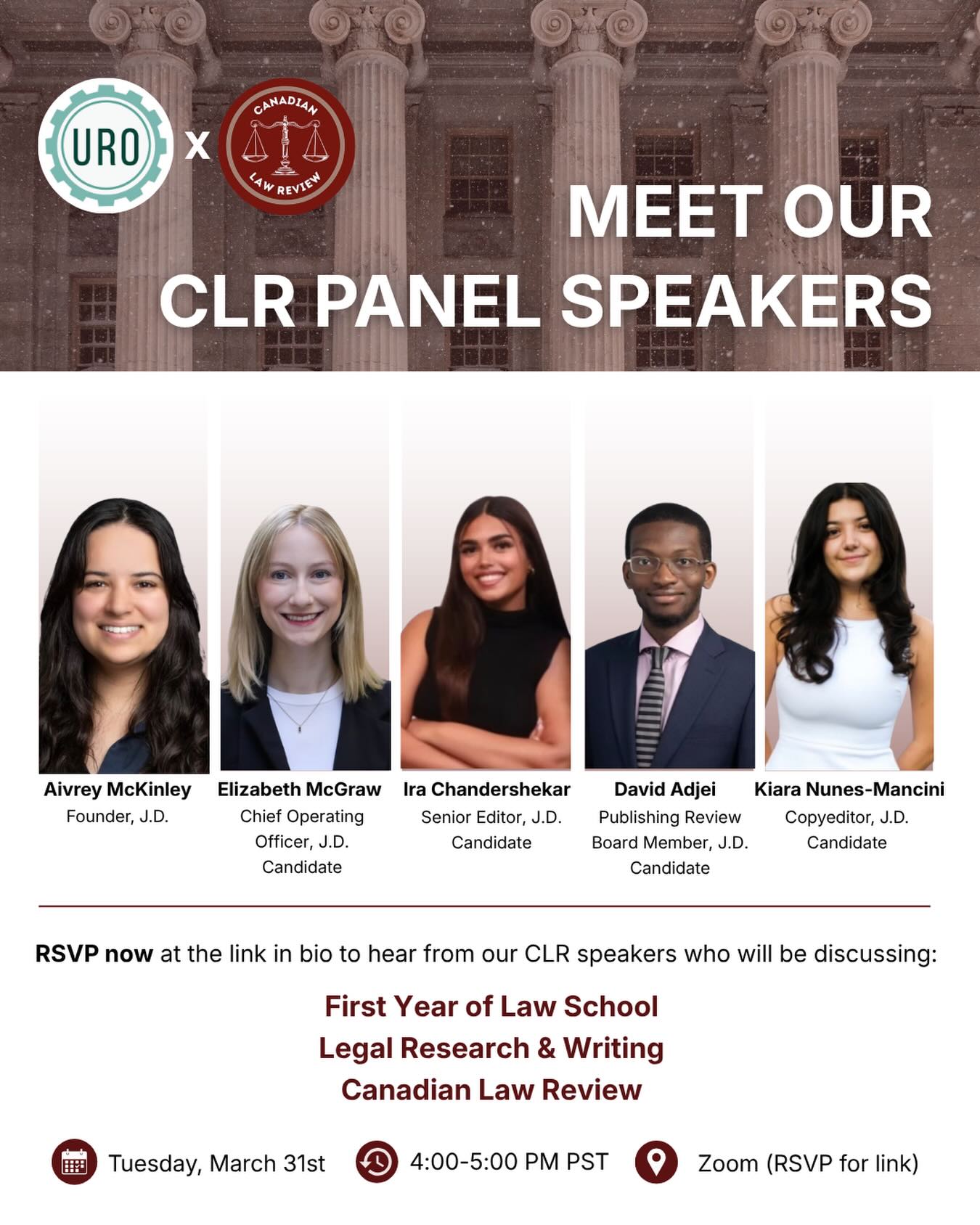 Your inside look at law school & legal research/writing starts here! 🌟⚖️Join us on Tuesday, March 31st from 4:00-5:00 PM PST to hear from our incredible CLR panel speakers as they share their insights and answer all of your questions. Don’t miss out!🔗 RSVP now at the link in bio!