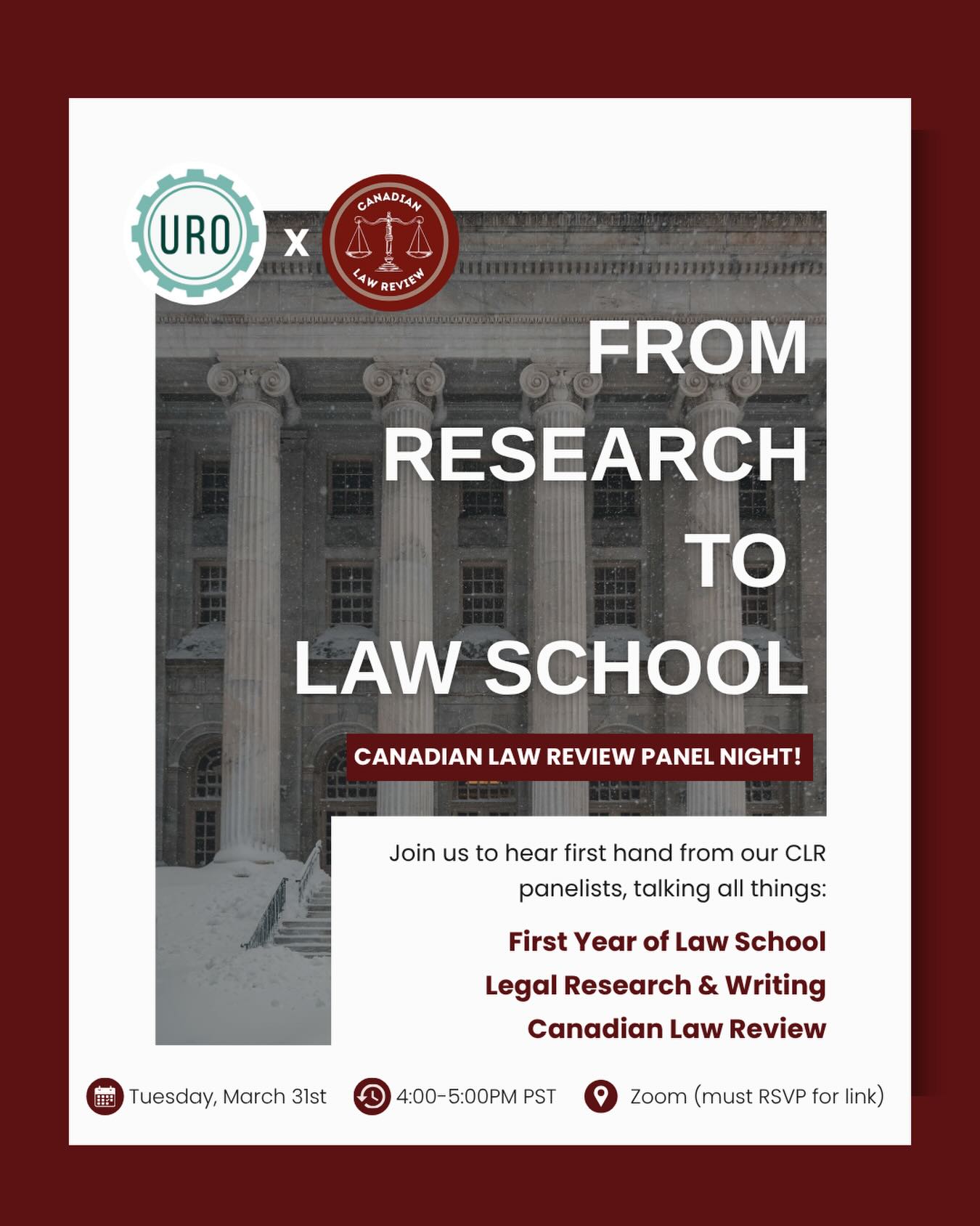 ATTENTION UBC PRE-LAW STUDENTS! We are so excited to be hosting UBC’s first Zoom panel with the Canadian Law Review! If you are interested in pursuing law school, or legal research and writing, join us on Tuesday, March 31st at 4:00PM PST to hear first hand from our amazing CLR panelists! RSVP at the link in bio to secure your spot today! 🌟⚖️