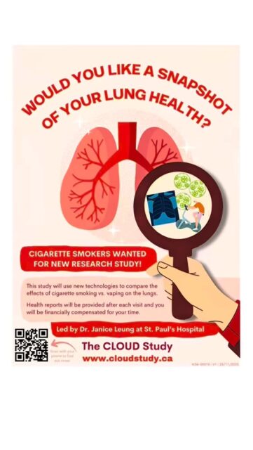 🔬Looking to join research? ☁️🤩 We’ve got an exciting opportunity for you! Dr. Janice Leung, a respirologist at St. Paul’s Hospital, is doing a study on vaping and she needs your help! Sign up now to participate in her study and learn more about the effects of vaping ✨Sign up now using the link in our bio 🔗✨