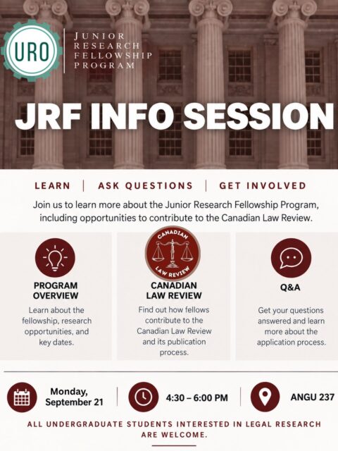 The Canadian Law Review’s Junior Research Fellowship (JRF) introduces undergraduate students to legal writing and peer-reviewed research. Running out of UBC’s Undergraduate Research Opportunities (URO), this virtual fellowship pairs students with law school editors & attorney advisors to author a research paper with the opportunity to published on the prestigious Canadian Legal Information Institute.If this is something that interests you, join our info session on Sept. 21st (4:30–6:00 PM) to learn about the program, timelines, and proposal guidelines! Link in bio 📌