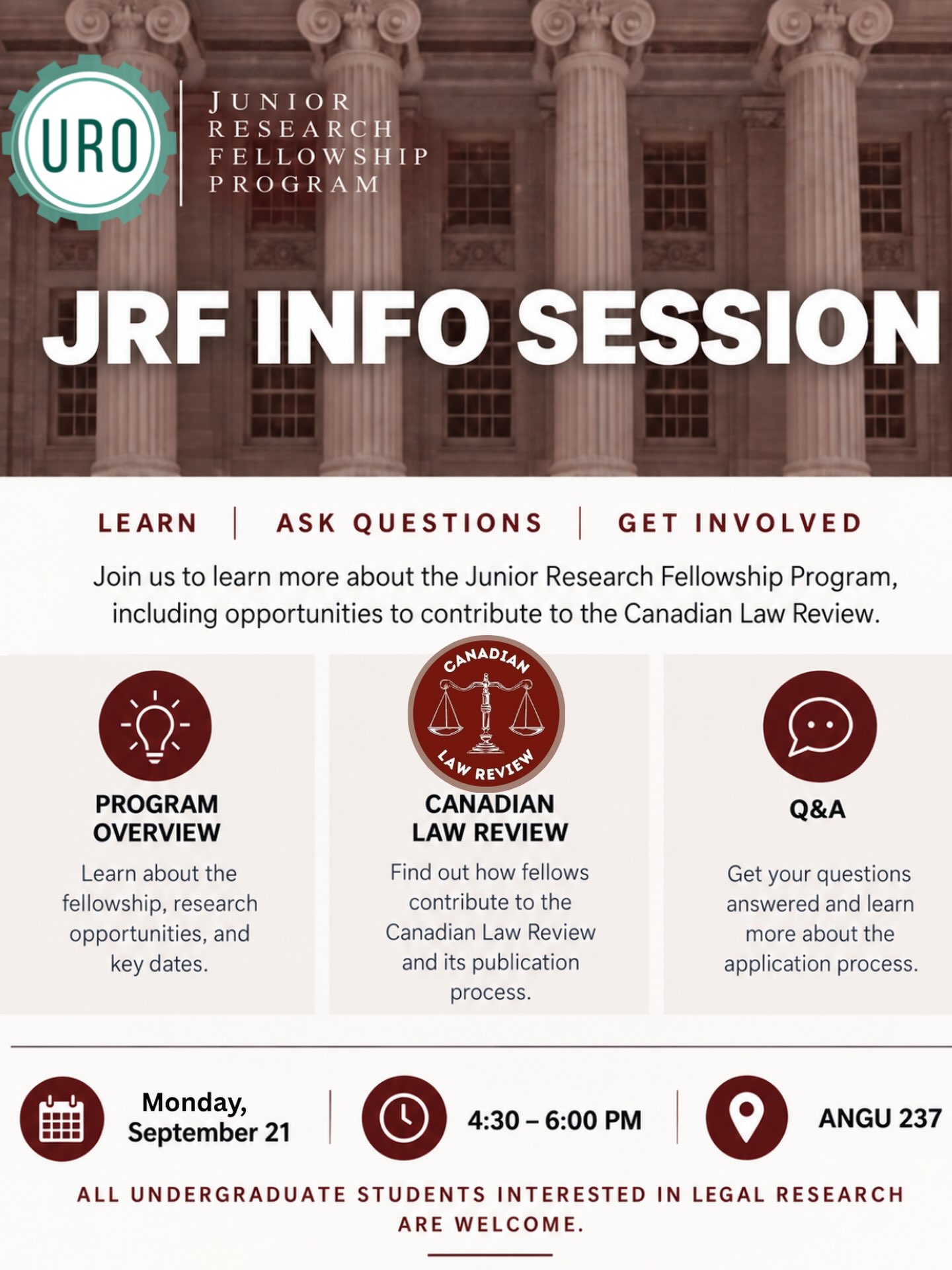 The Canadian Law Review’s Junior Research Fellowship (JRF) introduces undergraduate students to legal writing and peer-reviewed research. Running out of UBC’s Undergraduate Research Opportunities (URO), this virtual fellowship pairs students with law school editors & attorney advisors to author a research paper with the opportunity to published on the prestigious Canadian Legal Information Institute.If this is something that interests you, join our info session on Sept. 21st (4:30–6:00 PM) to learn about the program, timelines, and proposal guidelines! Link in bio 📌